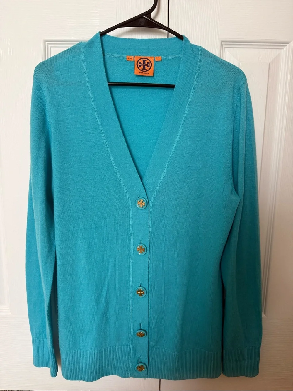Lot Of 5 Blue Turquoise Tory Burch Logo Buttons From Sweater Gold Tone